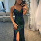 Sheath V Neck Straps Dark Green Sequins Evening Party Dresses, Split Prom Dresses       fg3124