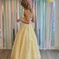 Yellow A line tulle lace long prom dress yellow tulle long party dress     fg2905