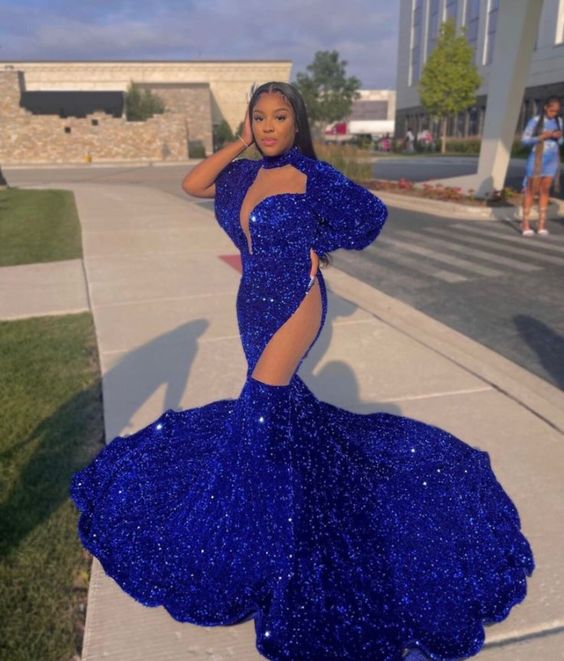 Blue Sequins Prom Gown,Floor length,Prom dress,wedding reception gown     fg3096
