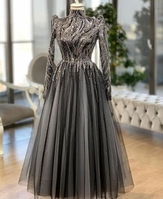 Black prom dresses high neck long sleeve a line evening dresses    fg2919