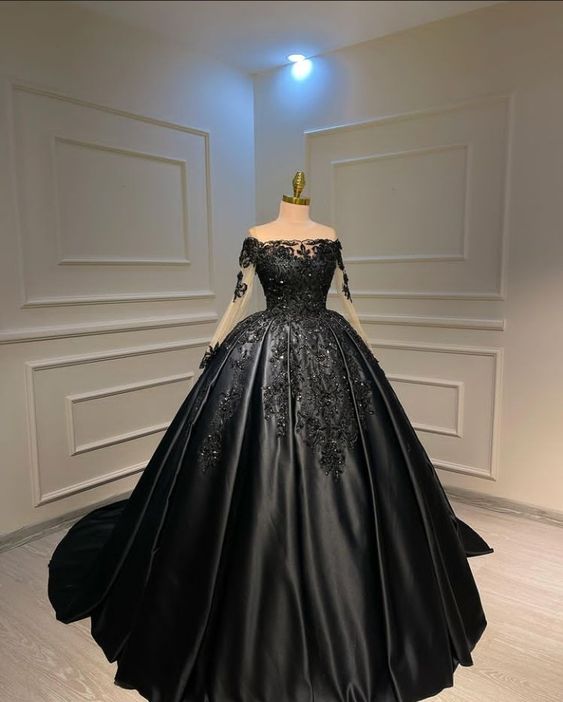 Black Ball Gown Satin Long Prom Dress   fg2676