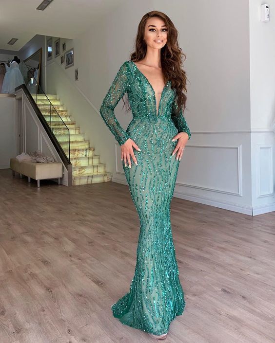 Sparkly Mermaid V Neck Long Sleeve Green Sequins Long Prom Evening Party Dresses   fg2716