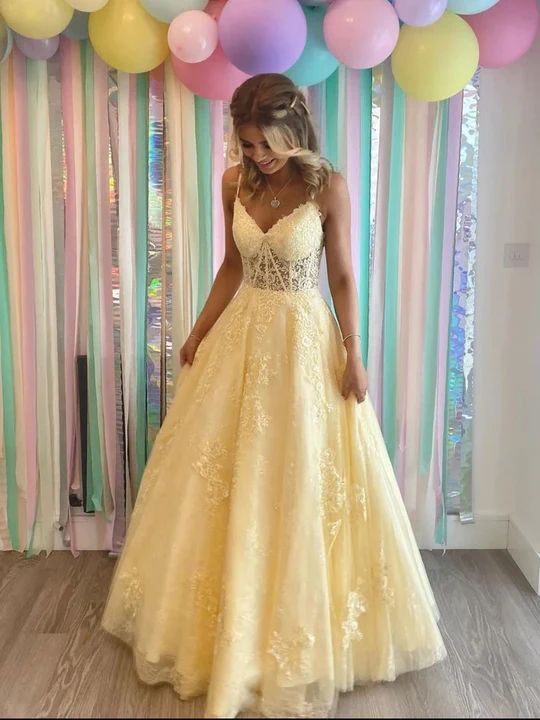 Yellow A line tulle lace long prom dress yellow tulle long party dress     fg2905