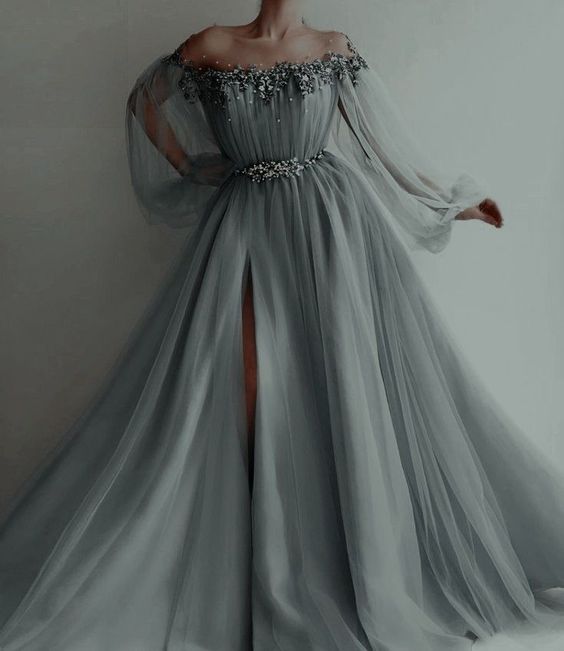 Gray Evening Dress, Off The Shoulder Prom Vintage Dress     fg2958