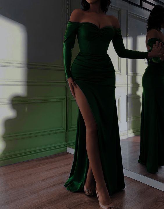 Green Off The Shoulder Simple evening dresses long prom dress     fg3006