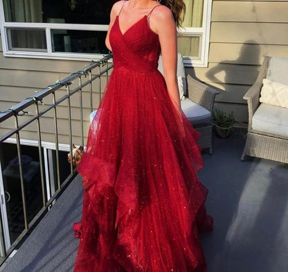 A Line Spaghetti Straps Sparkly Red Tulle Prom Dresses     fg3088