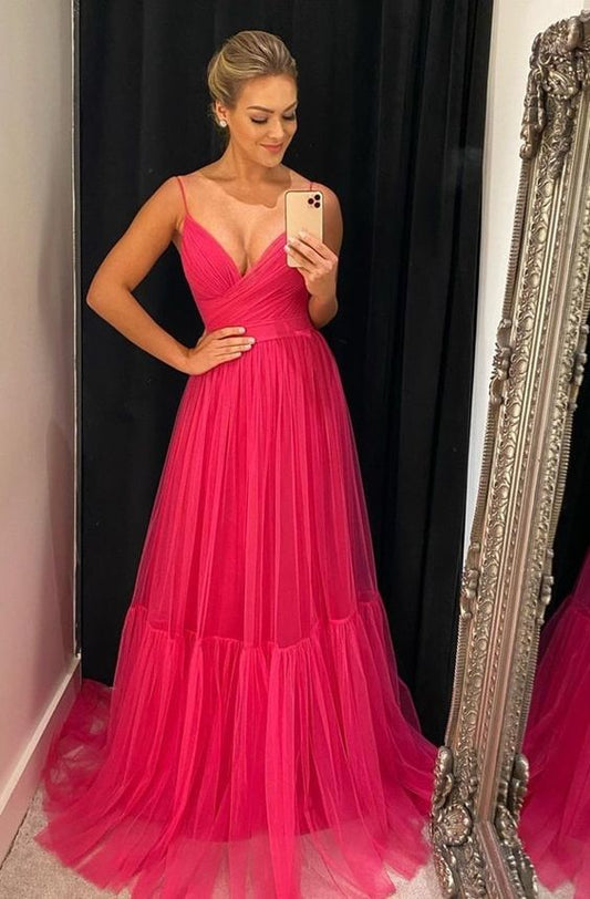 Hot Pink Tulle Prom Dresses Long Evening Gowns      fg3030