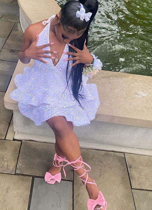 Neckholder-Ausschnitt, kurzes Heimkehrkleid, Pailletten-Partykleid, Neuankömmling, Partykleid fg2931