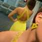 Cute A Line V Neck Straps Yellow Chiffon Prom Dresses with Beading, Split Party Dresses       fg3125