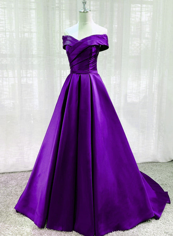 Purple Satin Off Shoulder Long Evening Dress Prom Dress, Purple A-line Party Dresses    fg2679