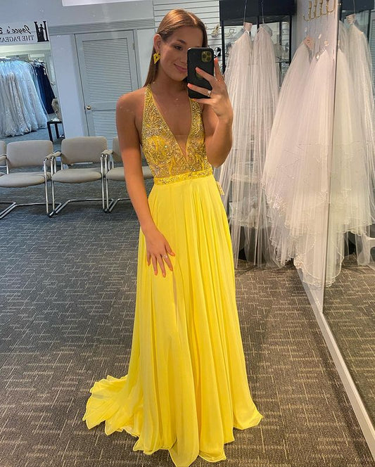 Cute A Line V Neck Straps Yellow Chiffon Prom Dresses with Beading, Split Party Dresses       fg3125