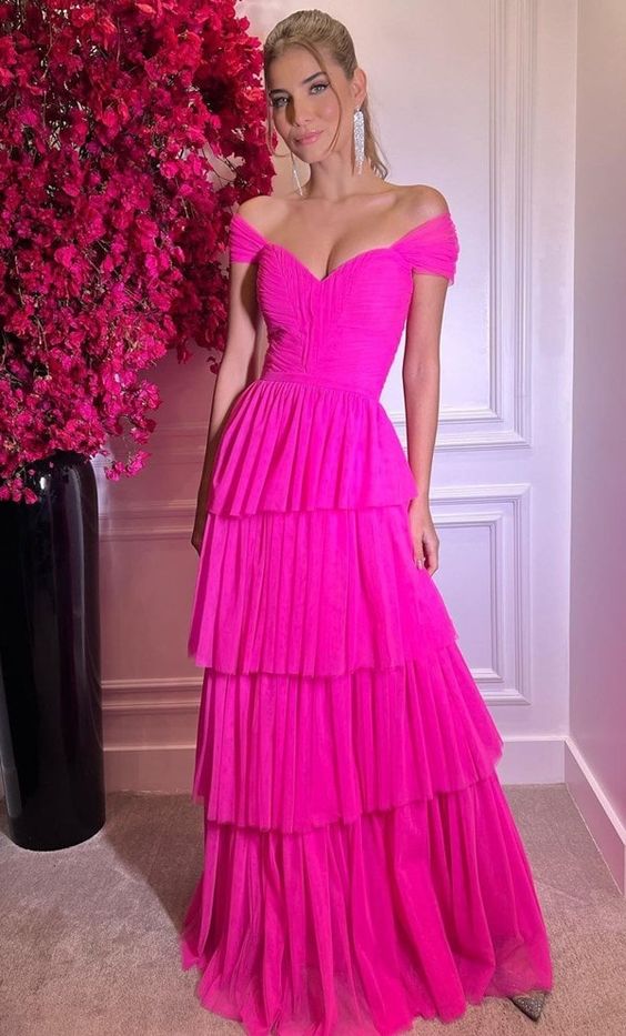 Hot Pink Off The Shoulder Prom Dresses Long Evening Gowns      fg3033