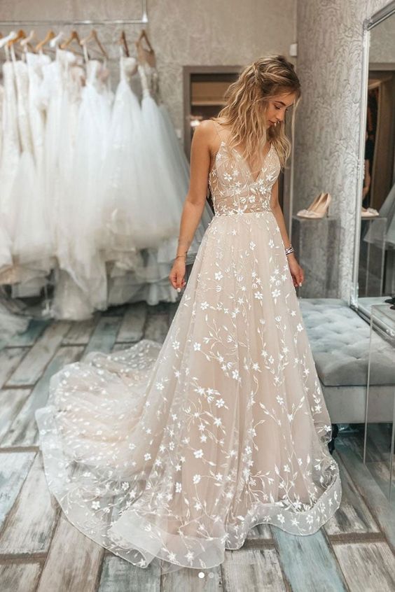 Champagne v neck tulle lace long prom dress champagne evening dress fg