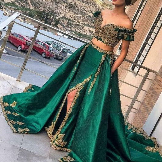 Green Two Pieces Lace Appliques Beading Sequins Side Slit Prom Dresses, With Pockets    fg2683