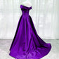 Purple Satin Off Shoulder Long Evening Dress Prom Dress, Purple A-line Party Dresses    fg2679
