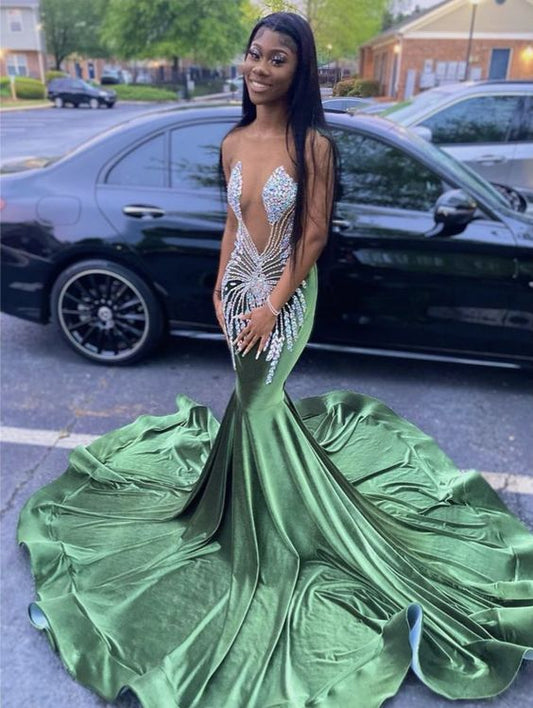 2023 Mermaid Long Green Beaded Prom Dresses Party Dress          fg3143