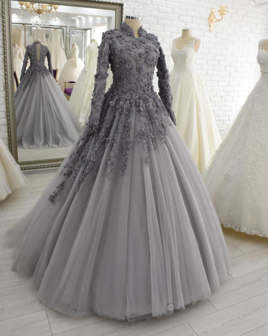 Long Sleeves Grey Formal Occasion Dresses Evening Gowns   fg2649