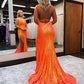 Fashion Mermaid V Neck Orange Sequins Long Prom Dresses with Slit    fg1259