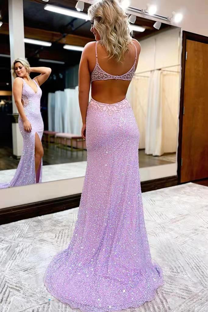 New Style V Neck Sleeveless Long Prom Dress, Sparkly Sequined Evening Dress With Slit   fg1258