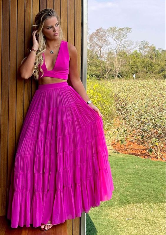 Hot Pink Two Piece Prom Dress, Evening Dress fg2634  formalgowns