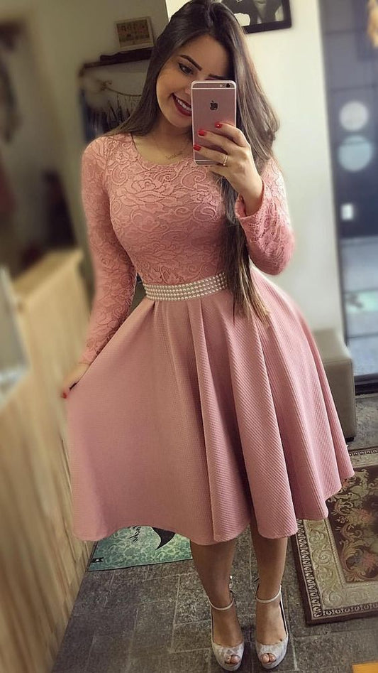 Cute Short Long Sleeves Pink Homecoming Dresses     fg1904