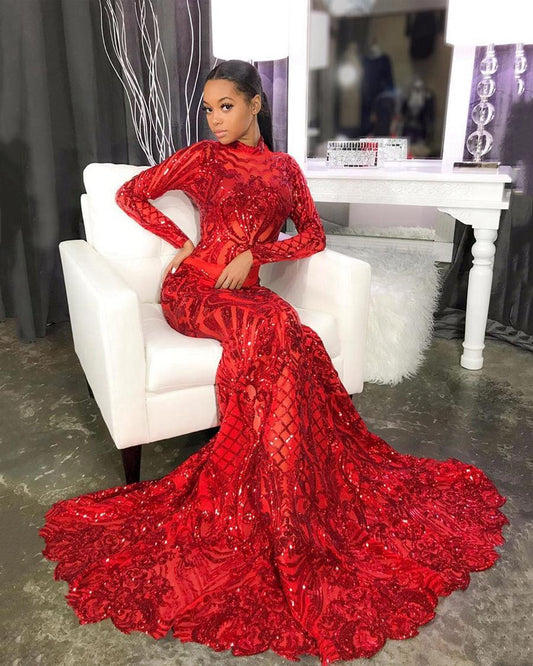 Elegant African Style High Neck Prom Gowns Red Lace Sequins Long Sleeves Mermaid Evening Party Dress for Special Occations     fg1610