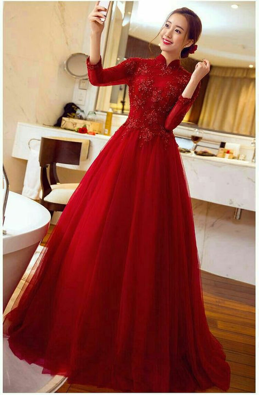tulle lace long red prom dress evening dress      fg1688