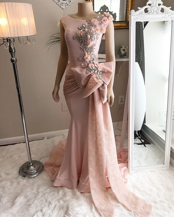 Pink prom dresses, lace prom dresses, arabic prom dresses, mermaid evening dresses      fg1935