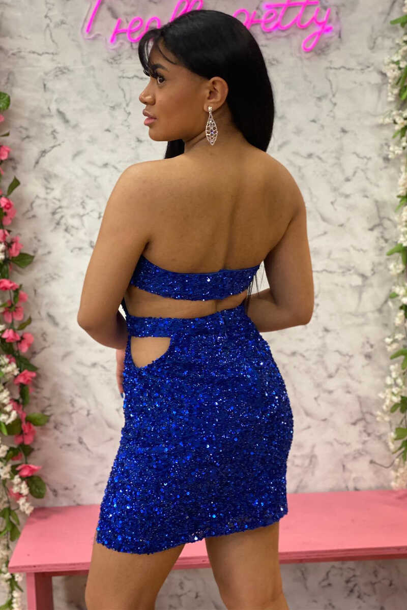 Blue Sequin Strapless Cutout Short Homecoming Dress     fg1525