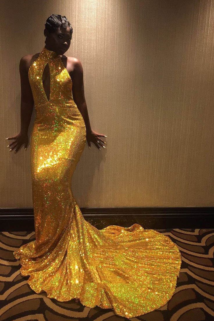 Amazing Mermaid Gold Key Hole High Neck Backless African American Long 2023 Prom Dresses   fg1045