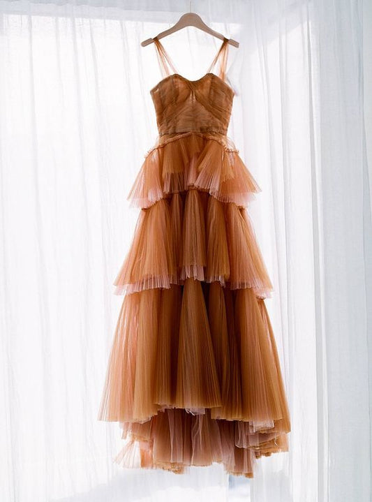 ball gown long brown tulle prom dresses    fg2248