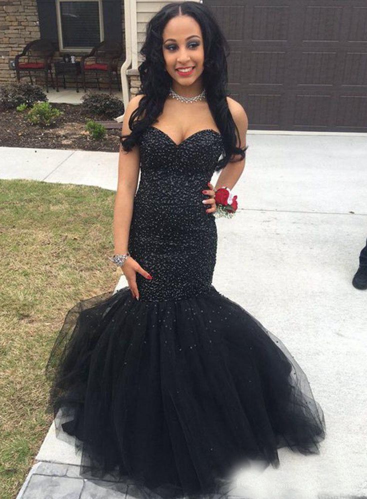 2023 Sweetheart Black Mermaid Beaded Prom Dresses      fg1638