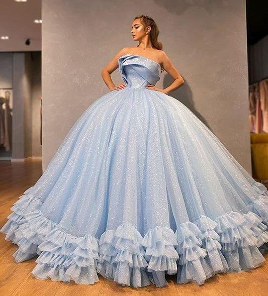 Sparkly Ball Gown Prom Dresses Strapless Puffy Bling Bling Evening Gowns Floor Length Backless Ruffles Party Dress      fg2220
