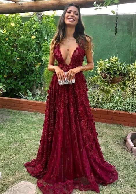 Luxurious A-Line V Neck Burgundy Lace Long Prom Evening Dresses      fg2617