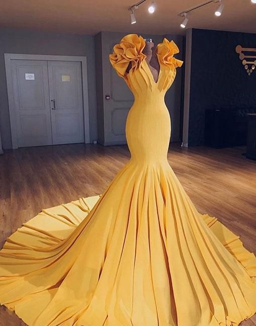 yellow v neck long prom gown,mermaid evening dress     fg2290