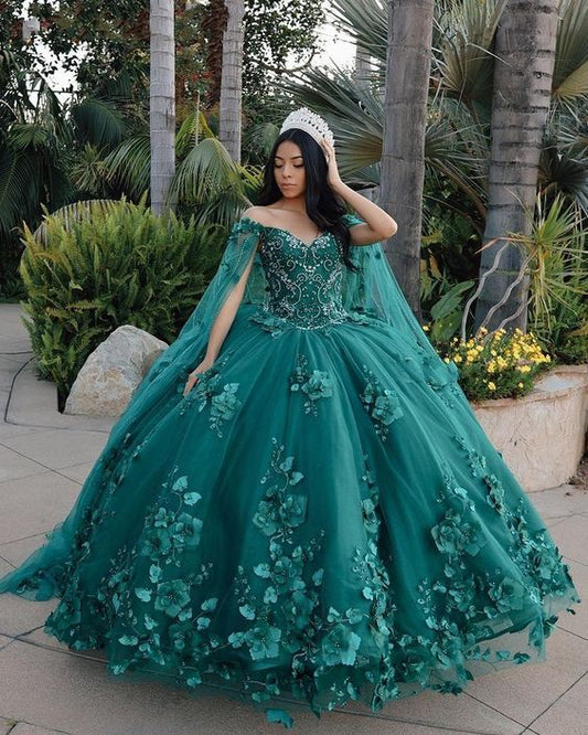Emerald Green Ball Gown Quinceanera Dresses With Detachable Cape Appliques Beads Sweet16 Dress    fg1462