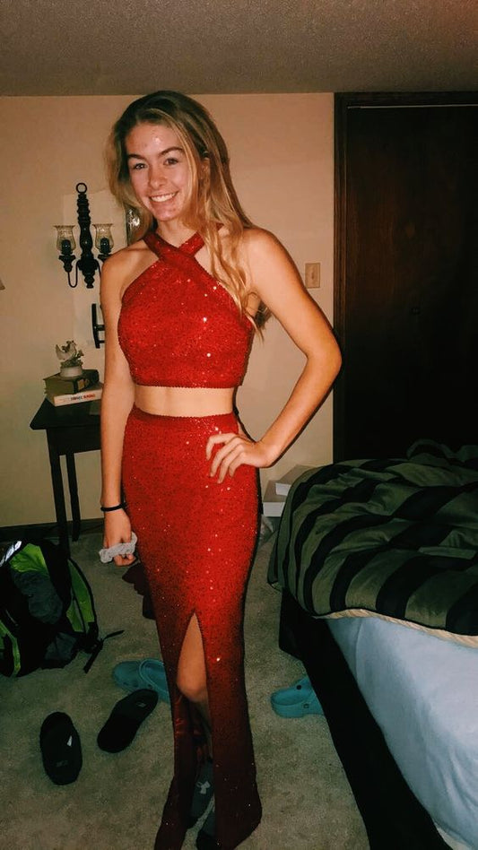 red prom dress two piece evening dress     fg1890