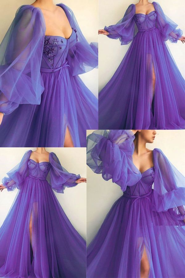 Purple long sleeves tulle prom dress,bubble sleeves evening dress long