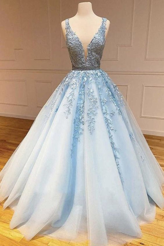 Elegant Lace A-Line Prom Dresses,Applique V-Neck Long Evening Dress      fg2280