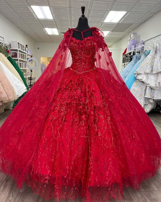 Red Prom Dress Ball Gown Quinceanera Dresses 3D Flowers Princess Corset Back Princess Prom Sweet 16 dress     fg1214