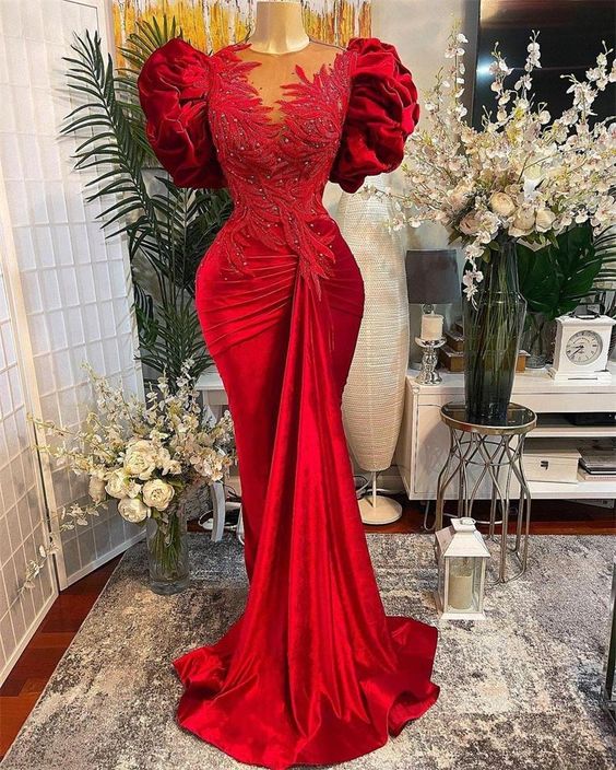 Luxury Red Mermaid Prom Dresses Lace Beaded Sheer Neck Velvet Evening Dress Formal Party Wear      fg1847