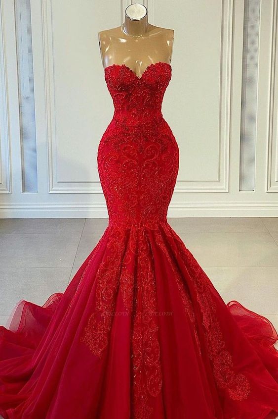 Exquisite Red Sequins Sweetheart Sleeveless Mermaid Prom Dresses     fg1871
