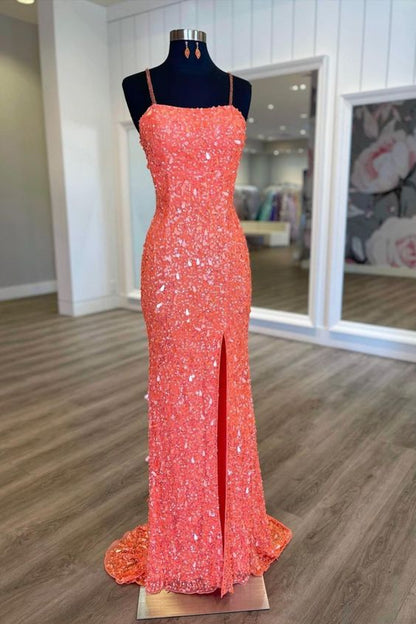 glitter coral sequined prom dress long fromal dress with slit    fg1384