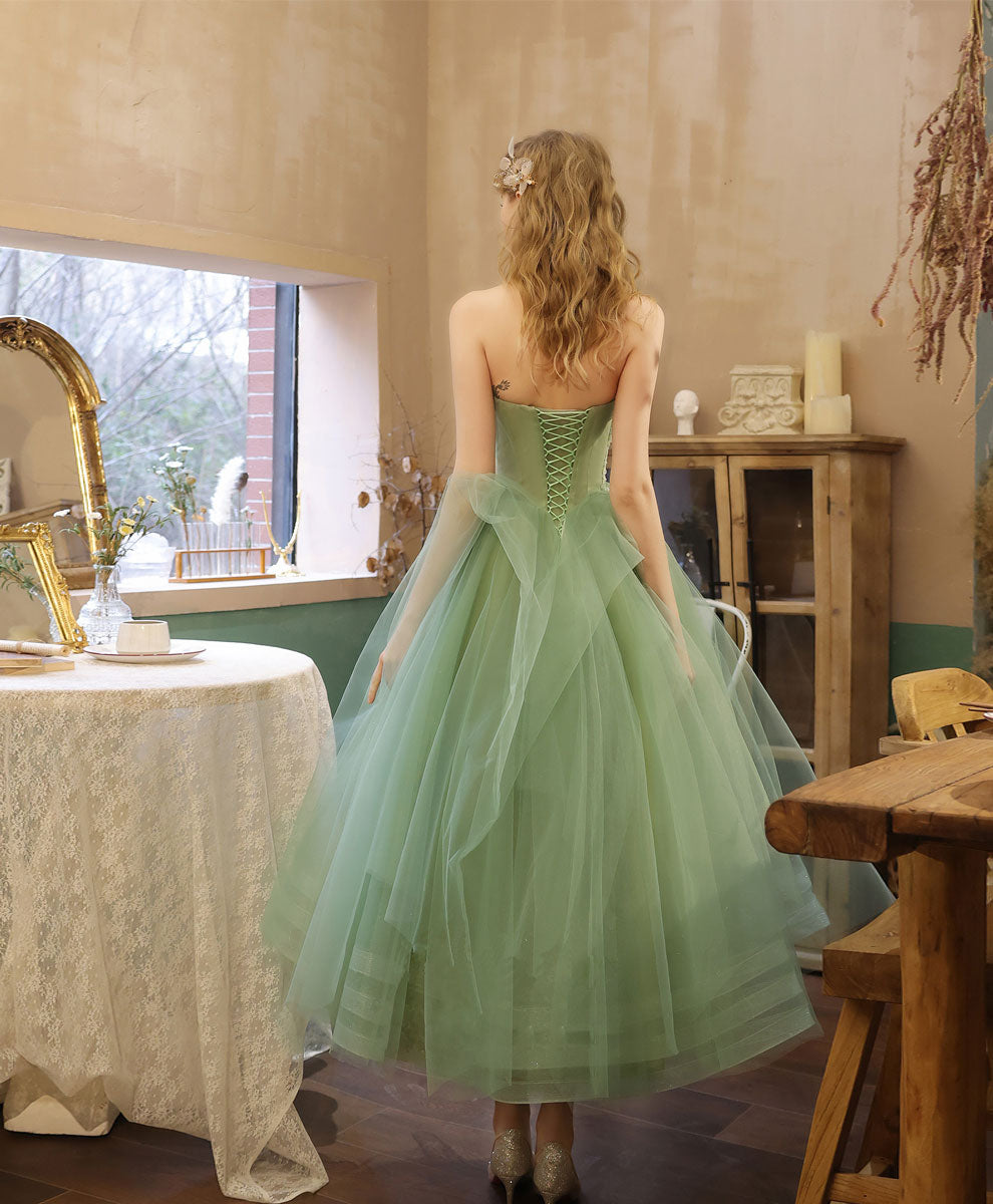 Green Tulle Lace Tea Length Prom Dress Green Tulle Formal Dress       fg2359