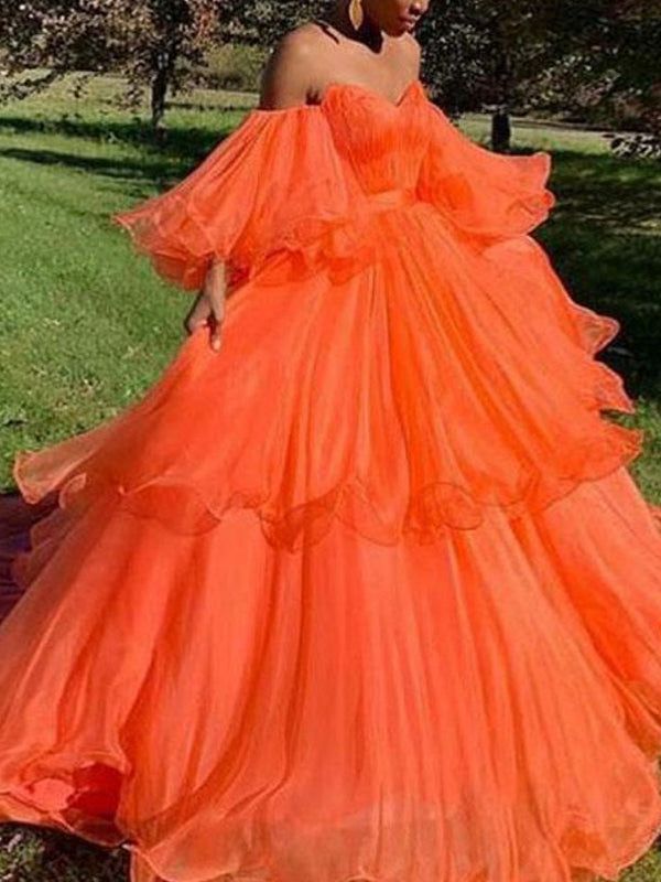 A-Line/Princess Off-the-Shoulder Tulle Layers Long Sleeves Prom Dress     fg1796