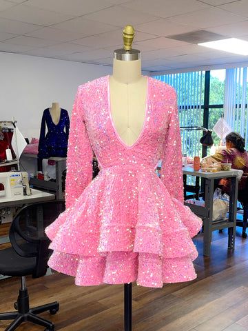 Cute pink short prom dress sequin homecoming dress     fg2405