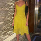 Yellow Spaghetti Straps Knee Length Dress,Party Gown     fg1443