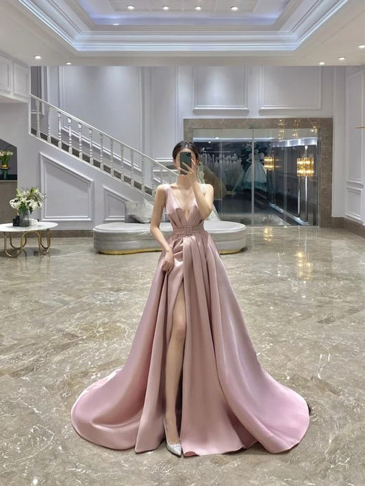 Pink A-Line Long Prom Dresses Evening Dresses     fg2086