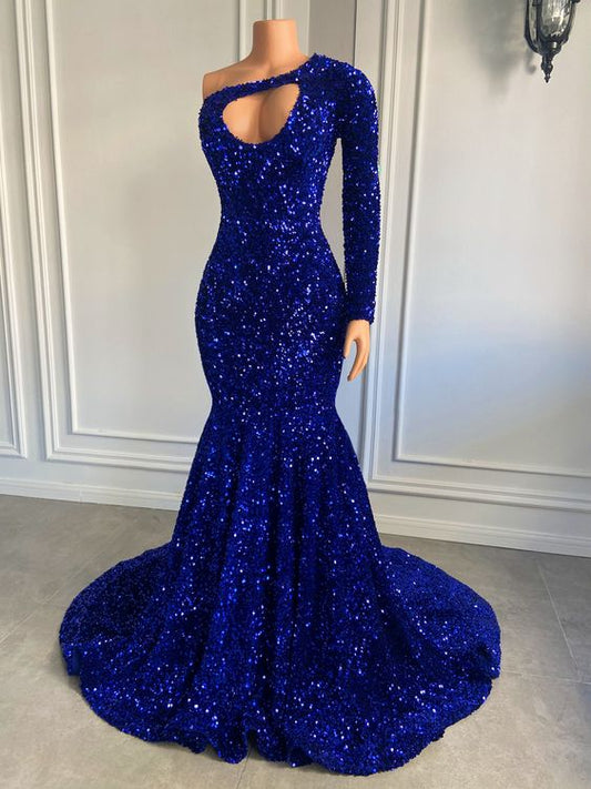 Long Sparkly Prom Dress 2023 One Shoulder Royal Blue Sequin Mermaid Style Black Girls Prom Party Gowns    fg2244