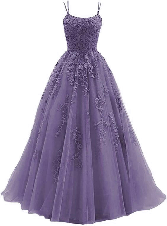 Purple Lace Appliques Dresses Long,Spaghetti Straps Tulle Prom Dresses    fg2494